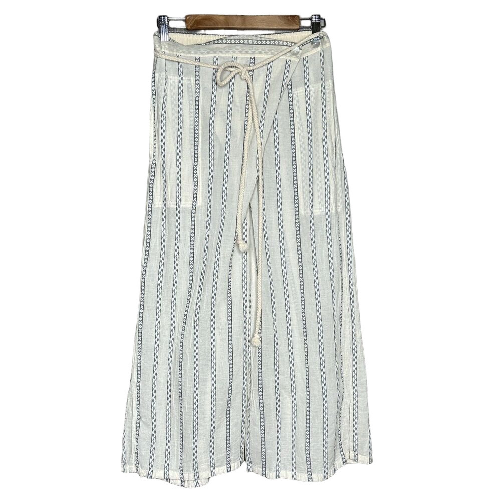 Striped Wide Leg Linen-Blend Pants in Cream & Blue